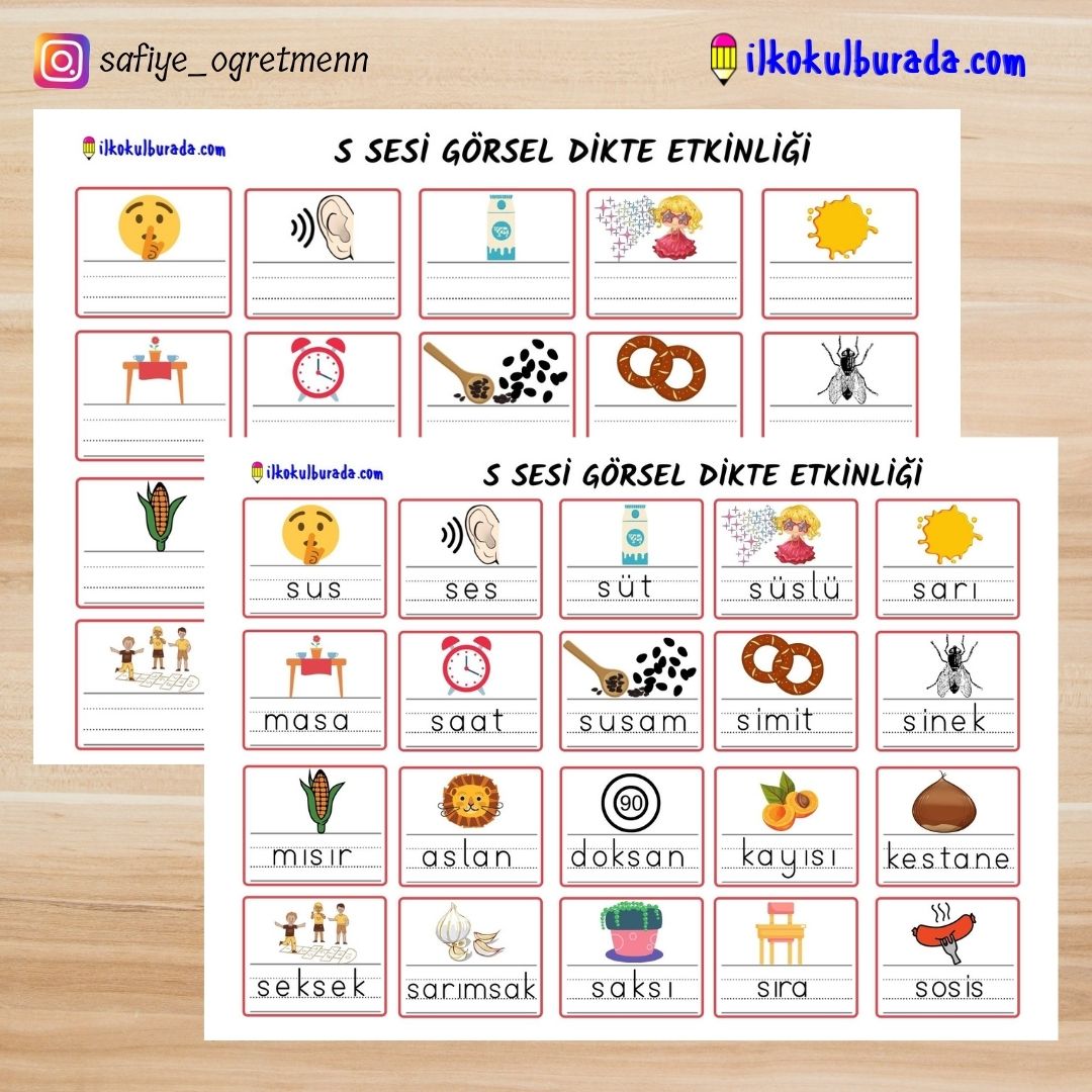 S SESİ ETKİNLİKLERİ-GÖRSEL DİKTE VE KELİME KARTLARI