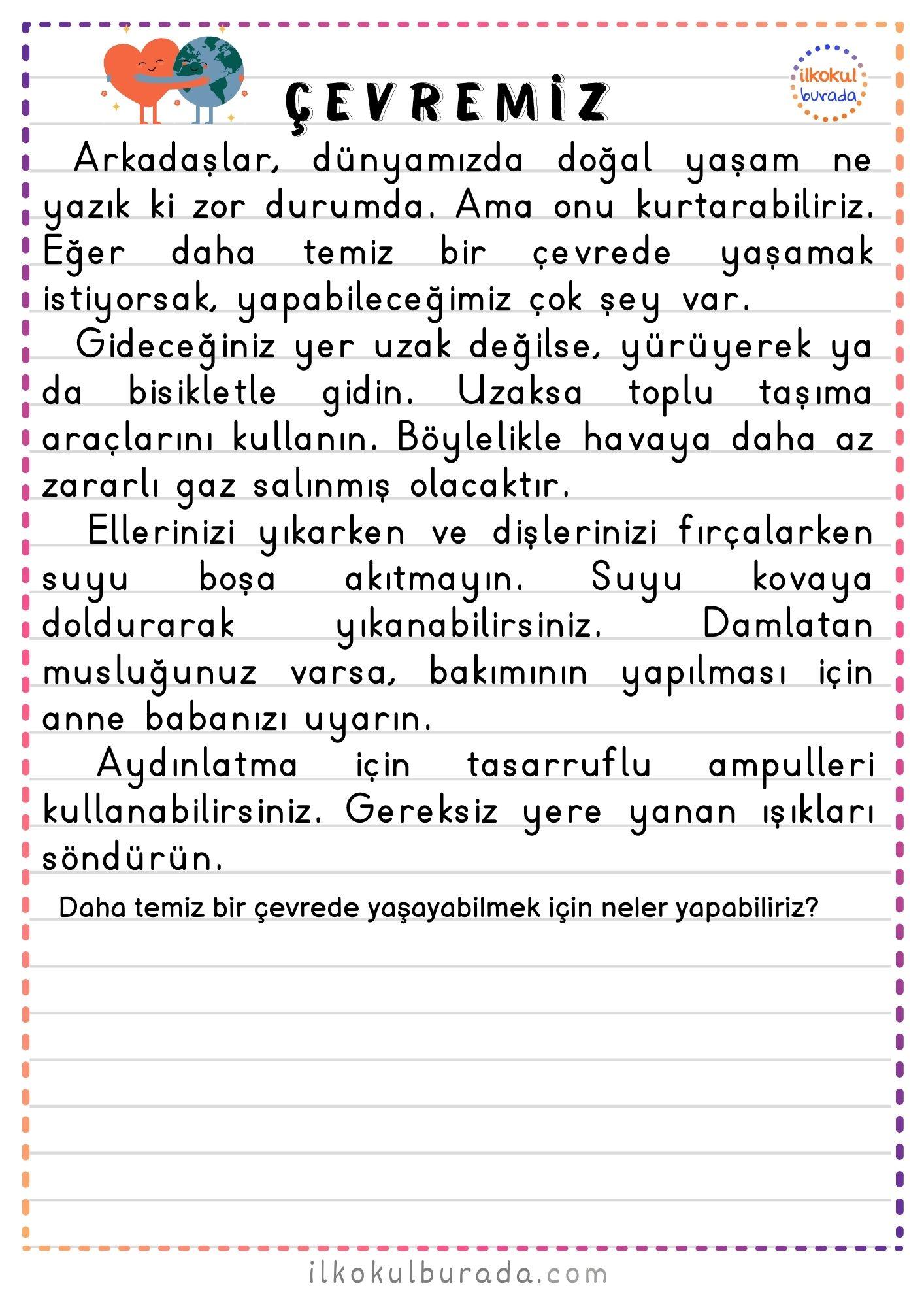 1.Sınıf Okuduğunu Anlama Etkinlikleri- Çevremiz Metni