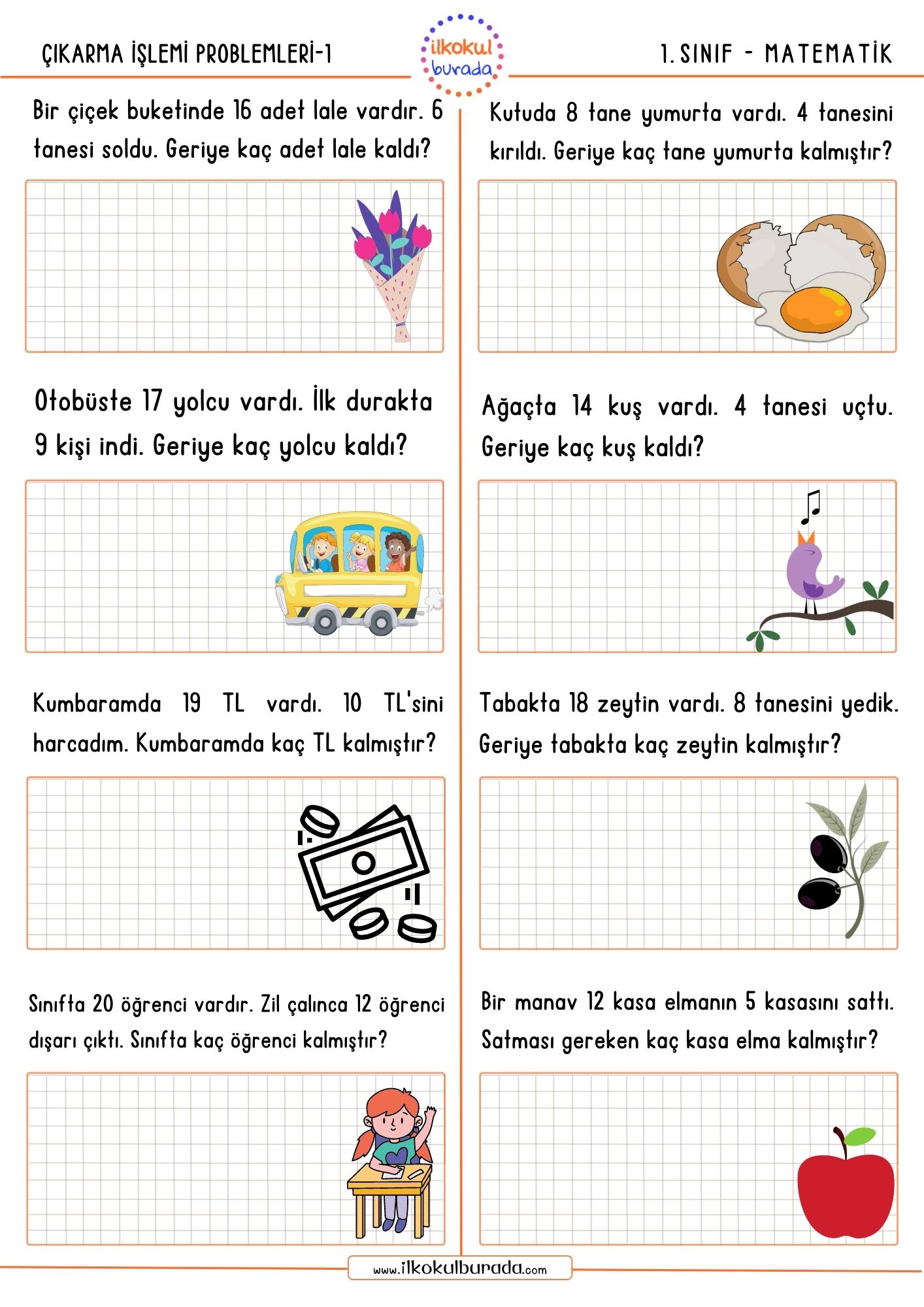 1.Sınıf Çıkarma İşlemi Problemleri-1