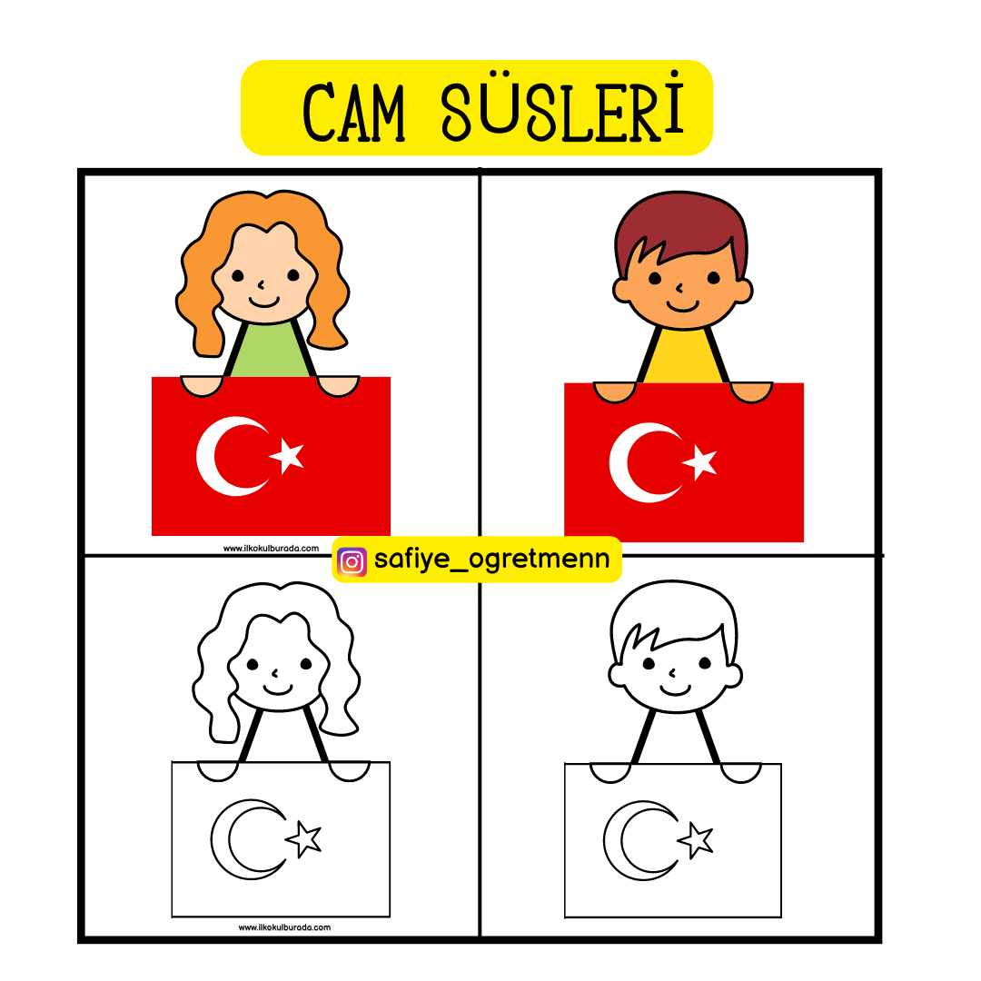 Elinde Bayrak Tutan Çocuklar- Cam ve Pano Süslemeleri (Renkli ve Renksiz)