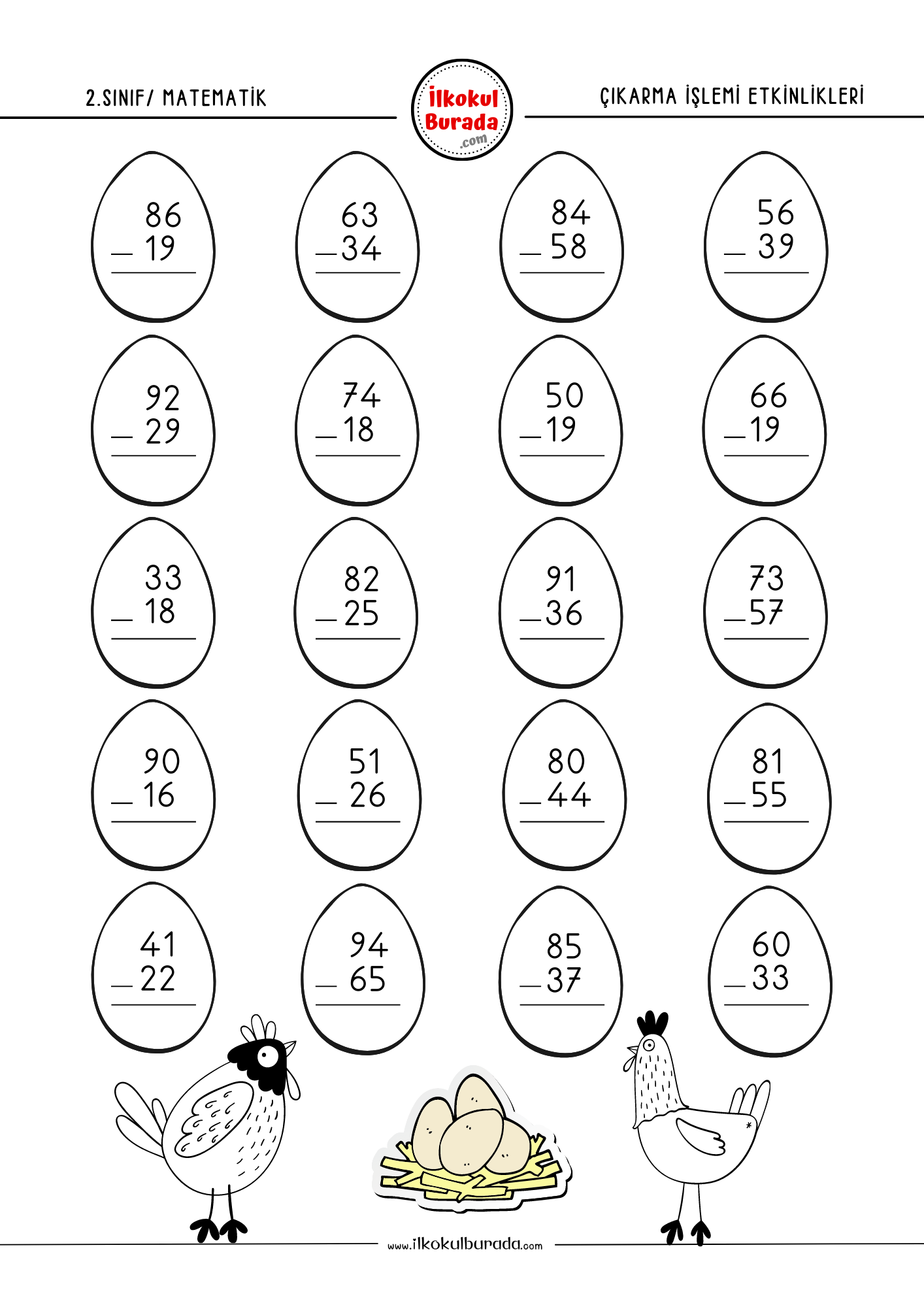 2.Sınıf Matematik Çıkarma İşlemi Çalışma Sayfası