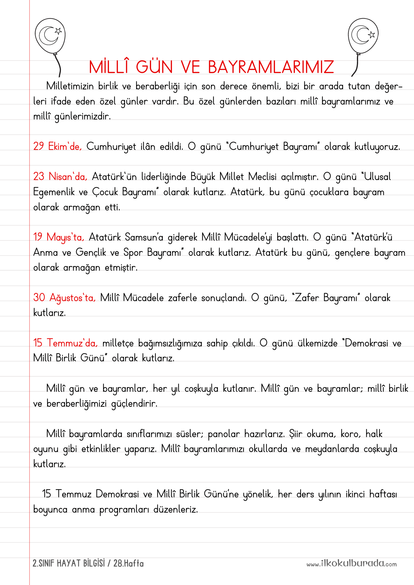 2.Sınıf Hayat Bilgisi – Millî Gün ve Bayramlarımız Defter Notu