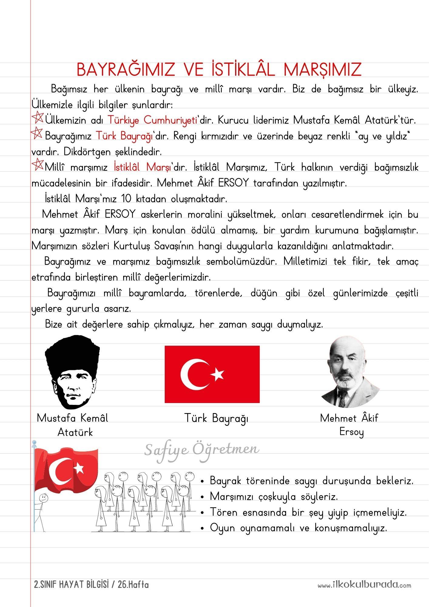2.Sınıf Hayat Bilgisi – Bayrağımız ve İstiklâl Marşımız Defter Notu