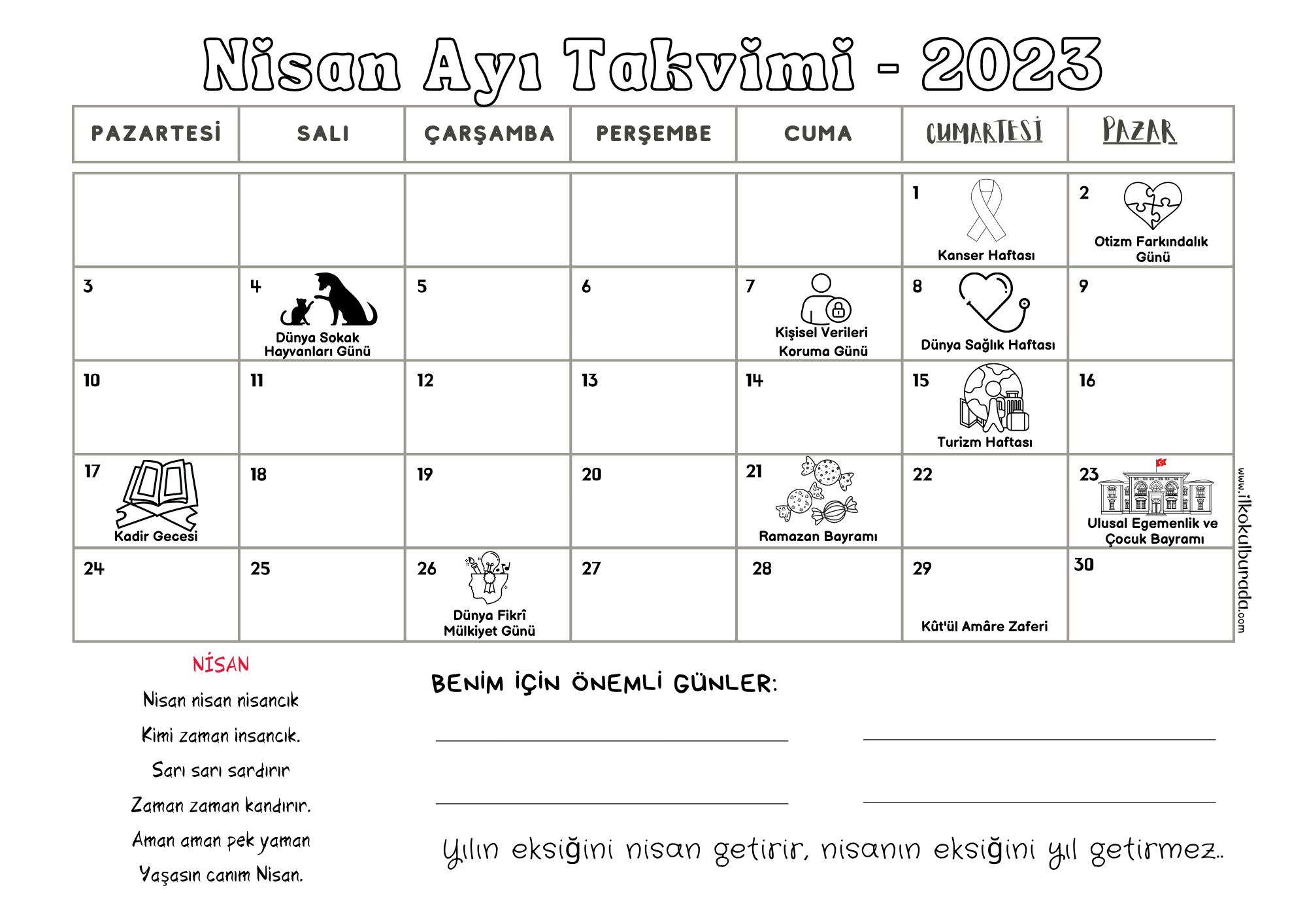 Resimli Nisan Ayı Takvimi - 2023