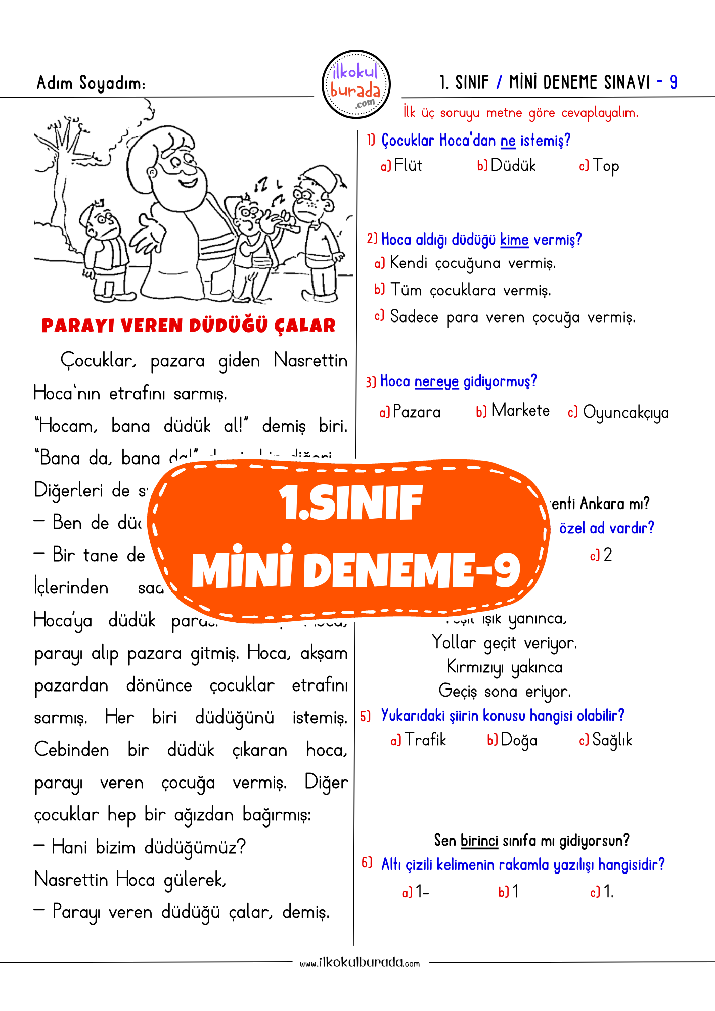 1.Sınıf Haftalık Mini Deneme Sınavı-9