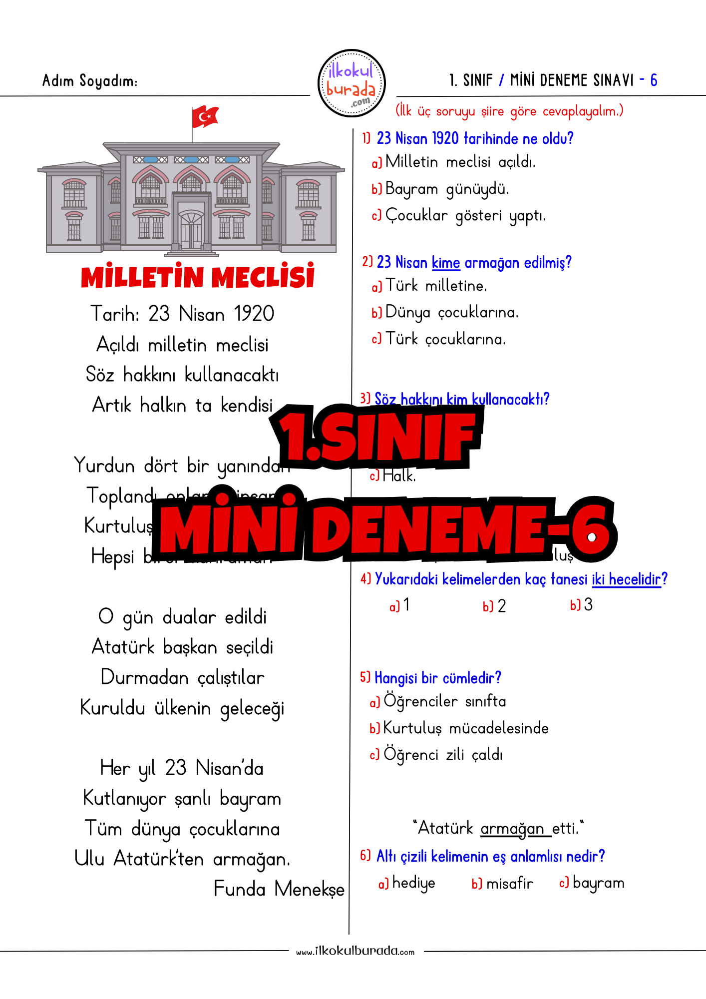 1. Sınıf Haftalık Mini Deneme Sınavı-6