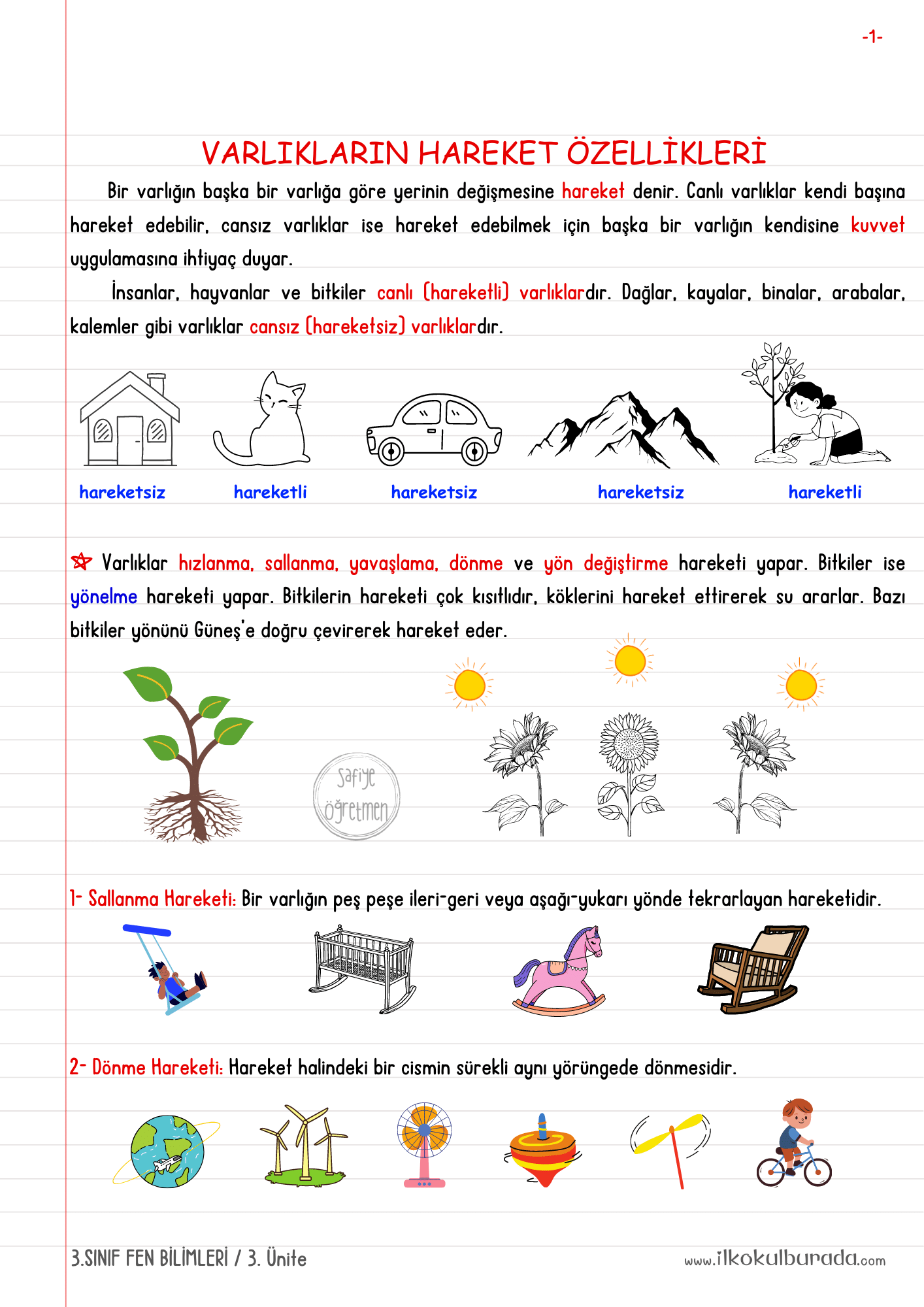 3.Sınıf Fen Bilimleri - Varlıkların Hareket Özellikleri Defter Notu