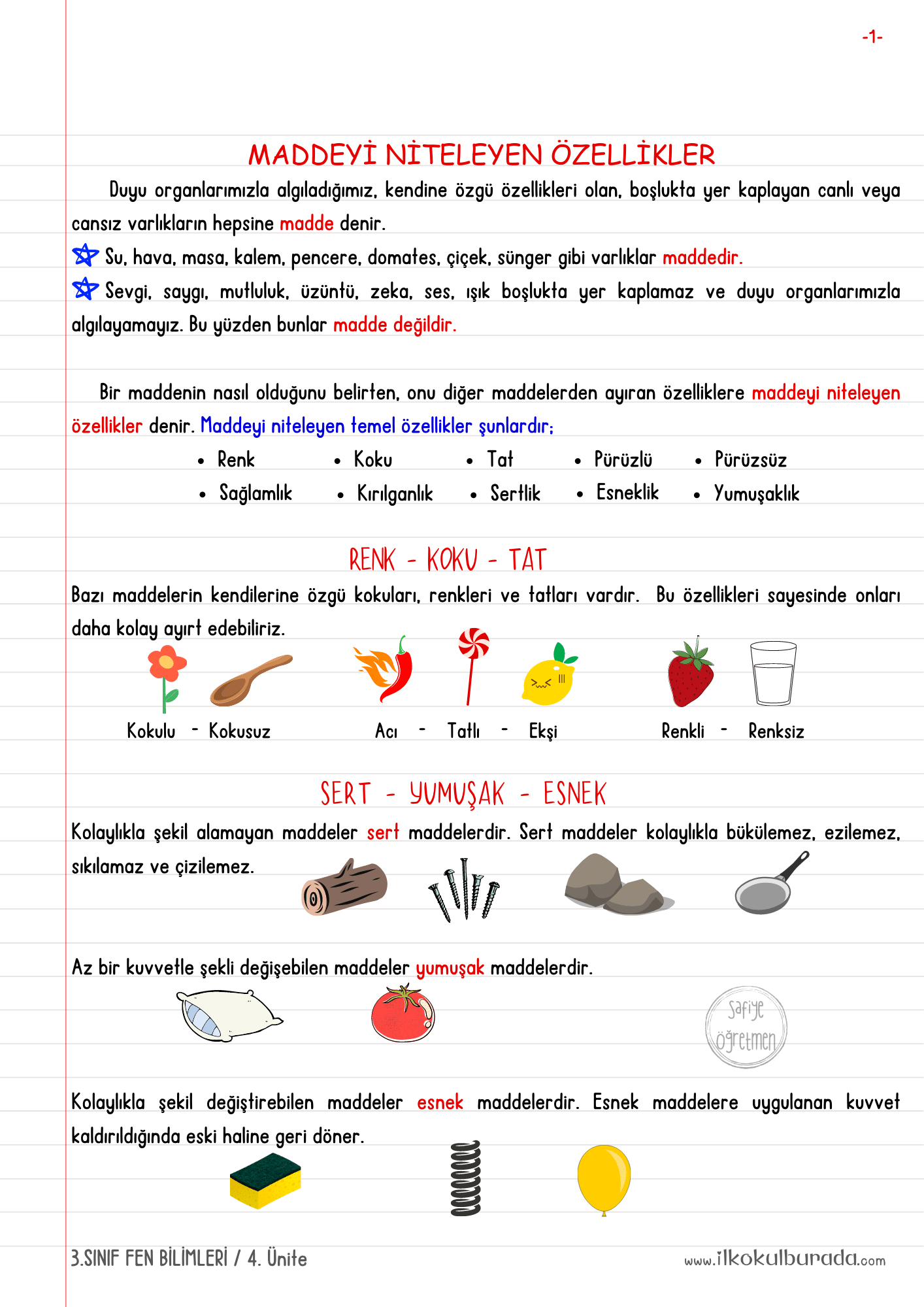 3.Sınıf Fen Bilimleri - Maddeyi Niteleyen Özellikler Defter Notu