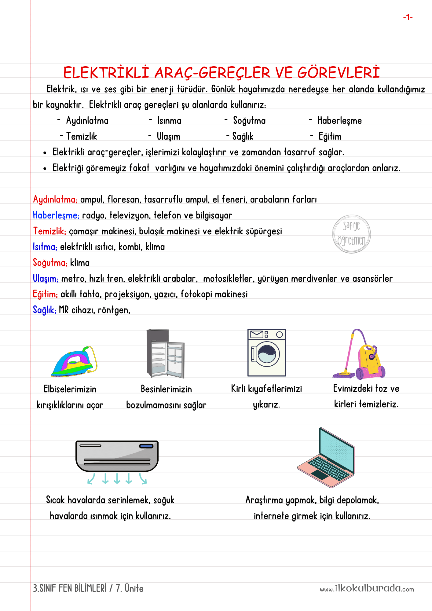 3.Sınıf Fen Bilimleri - Elektrikli Araç ve Gereçler Defter Notu