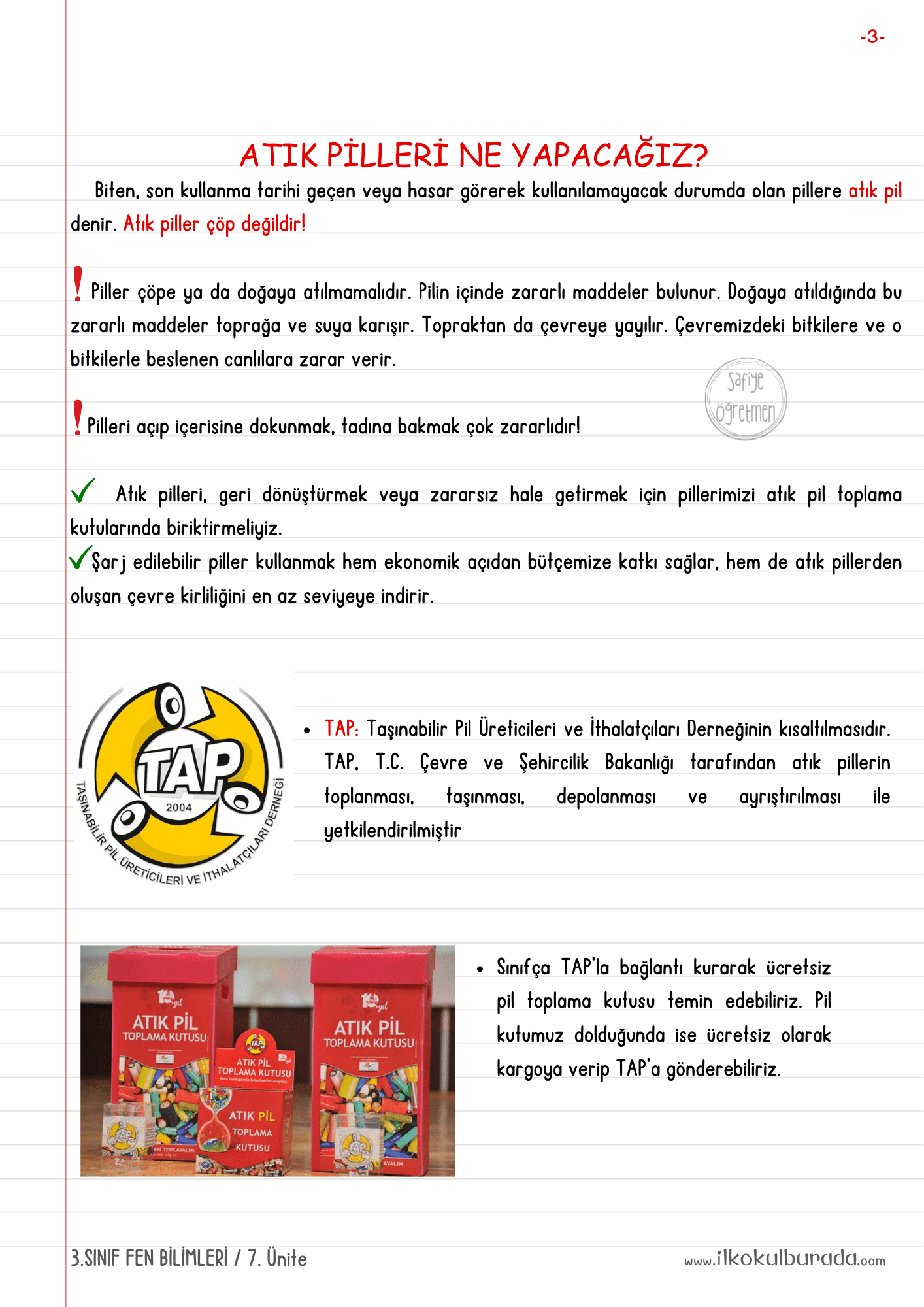 3.Sınıf Fen Bilimleri - Atık Piller Defter Notu