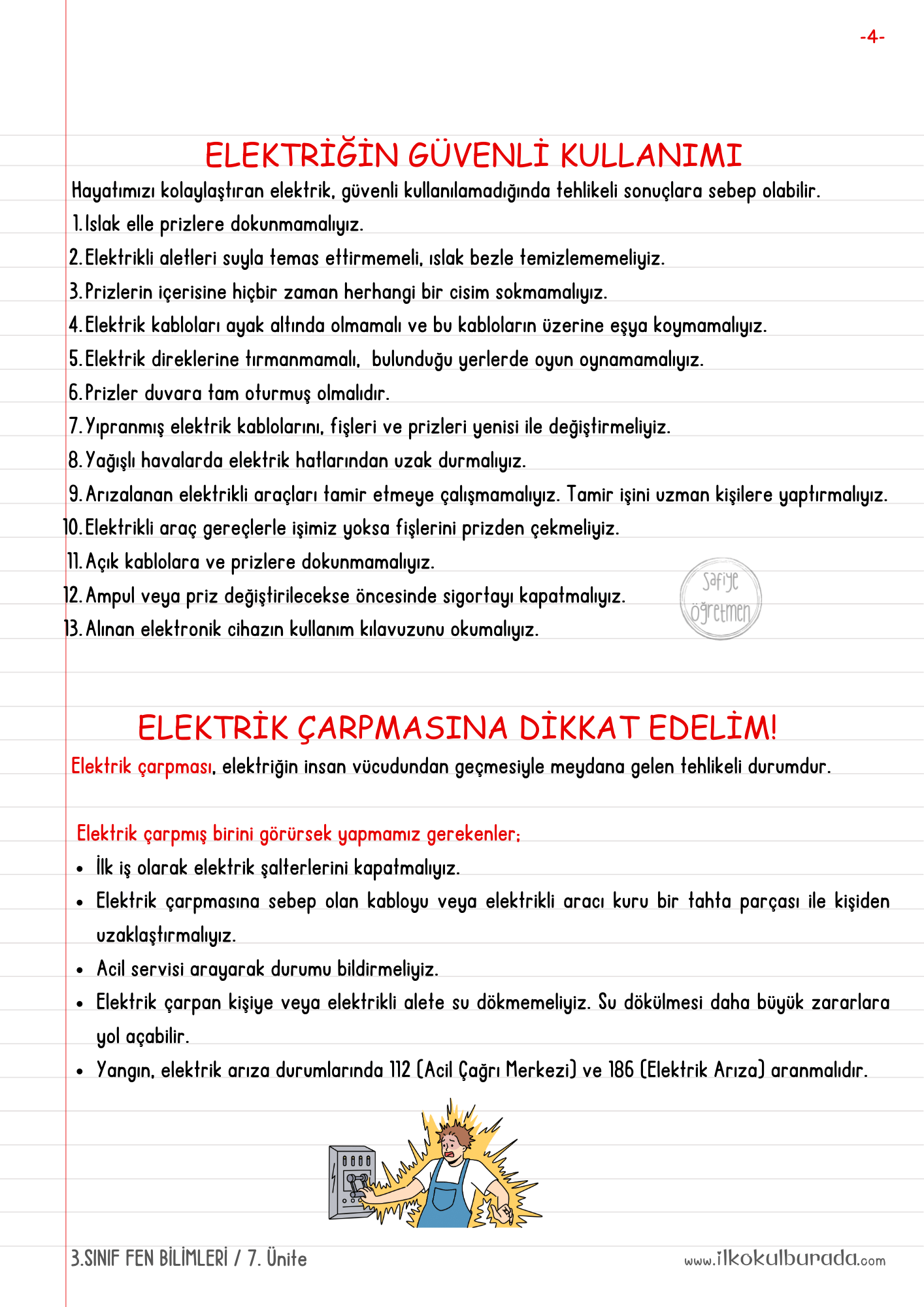 3.Sınıf Fen Bilimleri - Elektriğin Güvenli Kullanımı Defter Notu