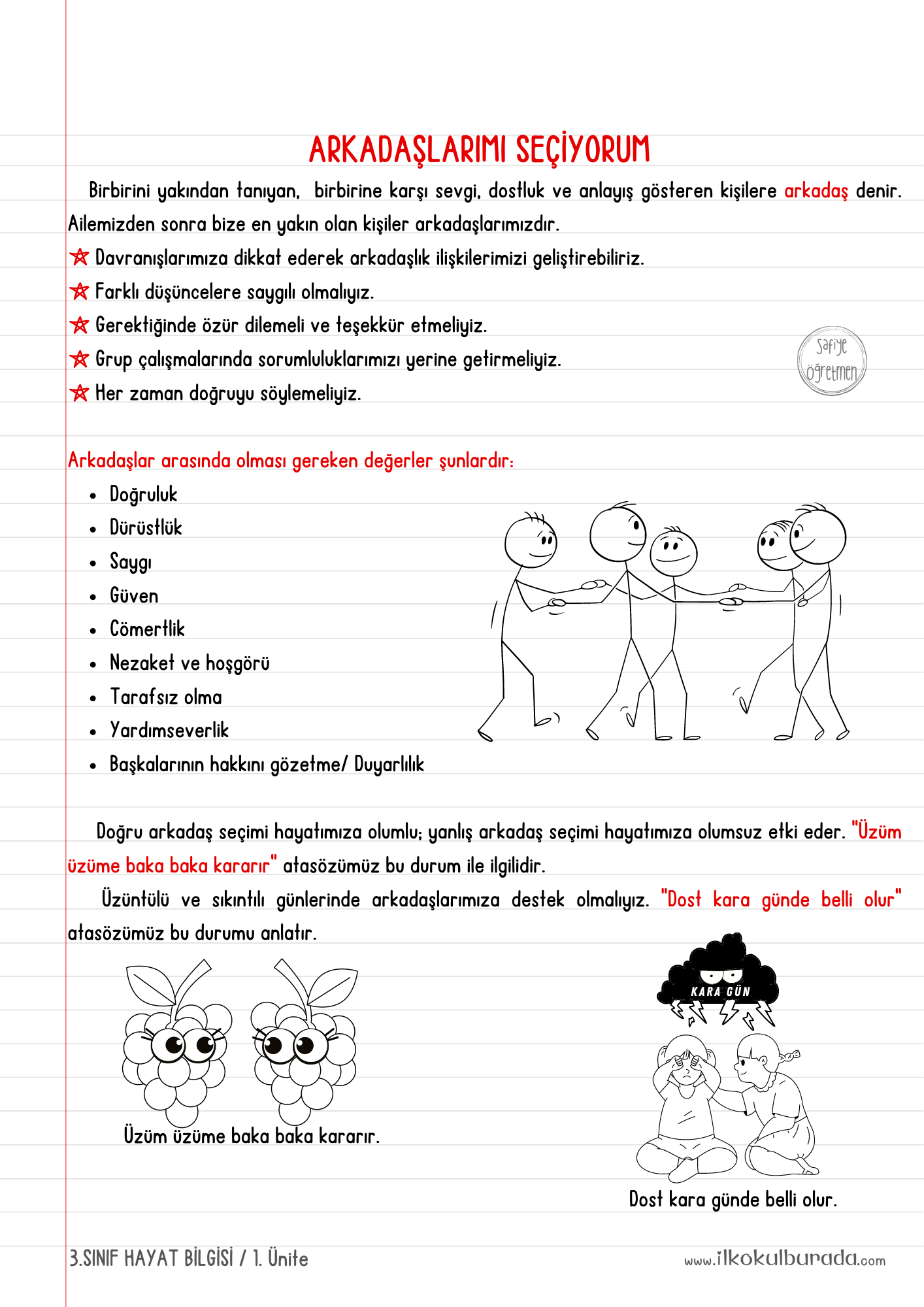3.Sınıf Hayat Bilgisi – Arkadaşlarımı Seçiyorum Defter Notu