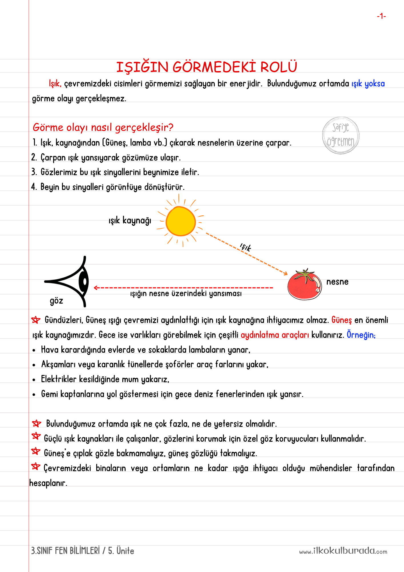 3.Sınıf Fen Bilimleri - Işık Kaynakları ve Işığın Görmedeki Rolü Defter Notu
