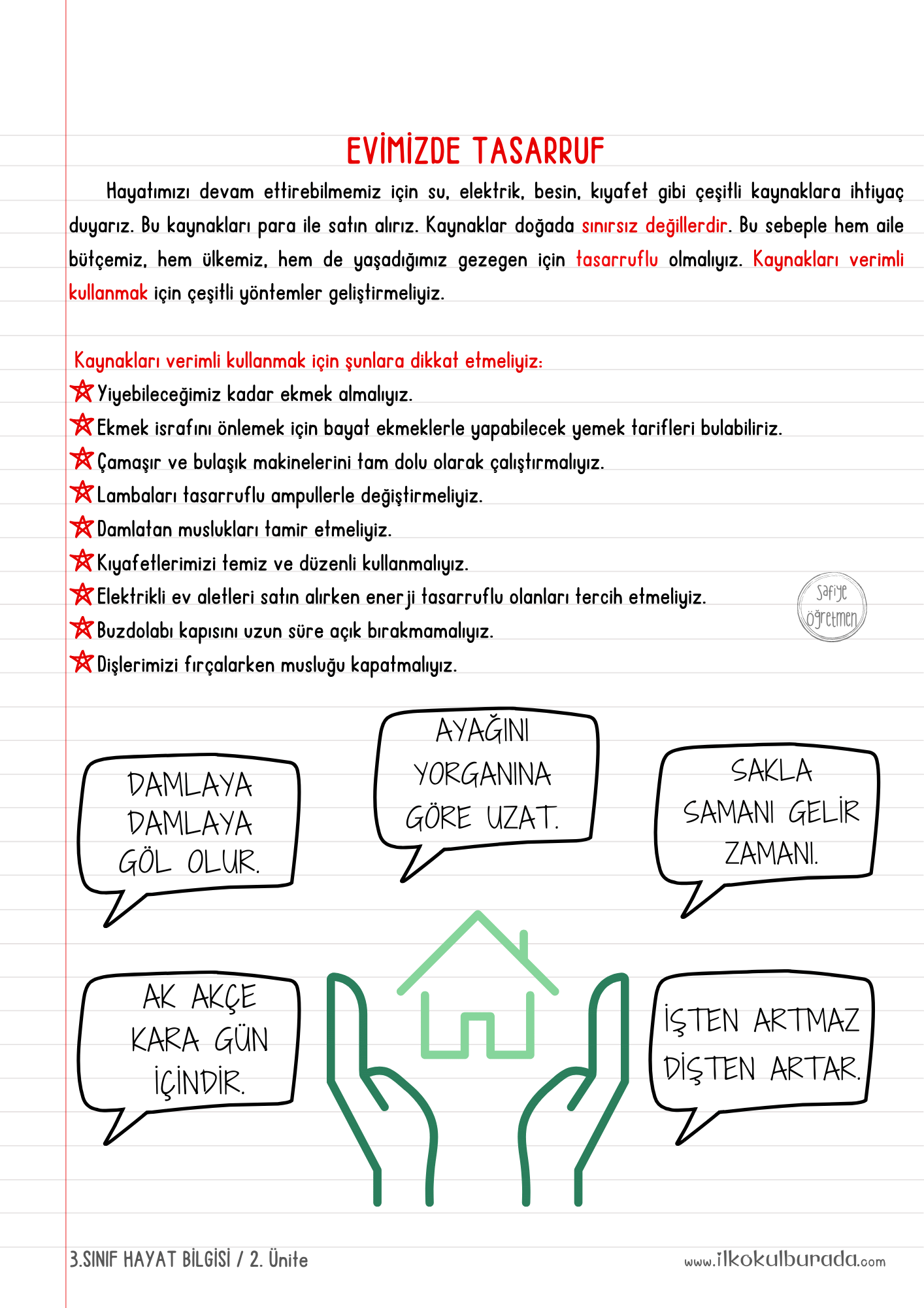 3.Sınıf Hayat Bilgisi- Evimizde Tasarruf Defter Notu