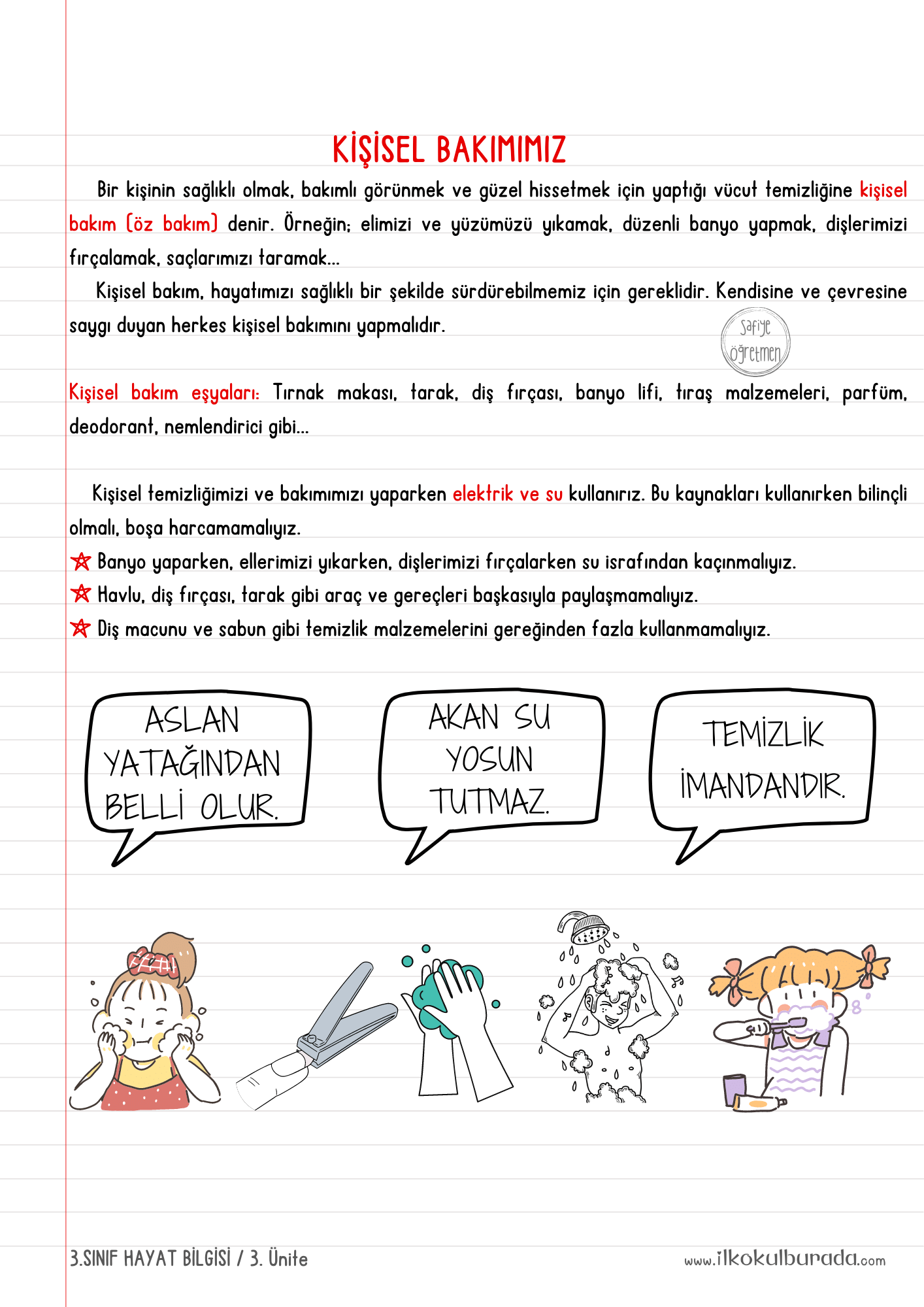 3.Sınıf Hayat Bilgisi - Kişisel Bakımımız Defter Notu