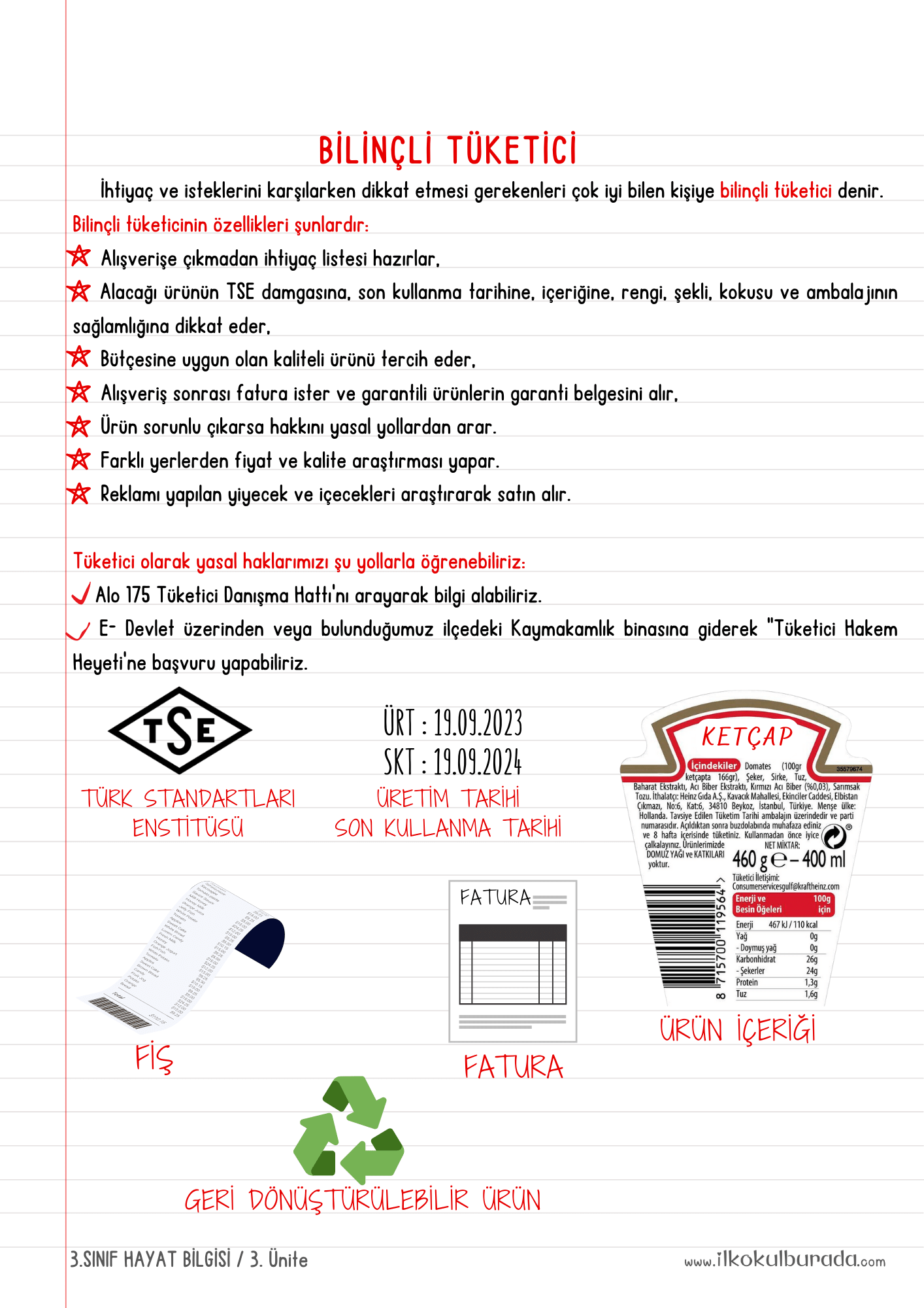 3.Sınıf Hayat Bilgisi - Bilinçli Tüketici Defter Notu