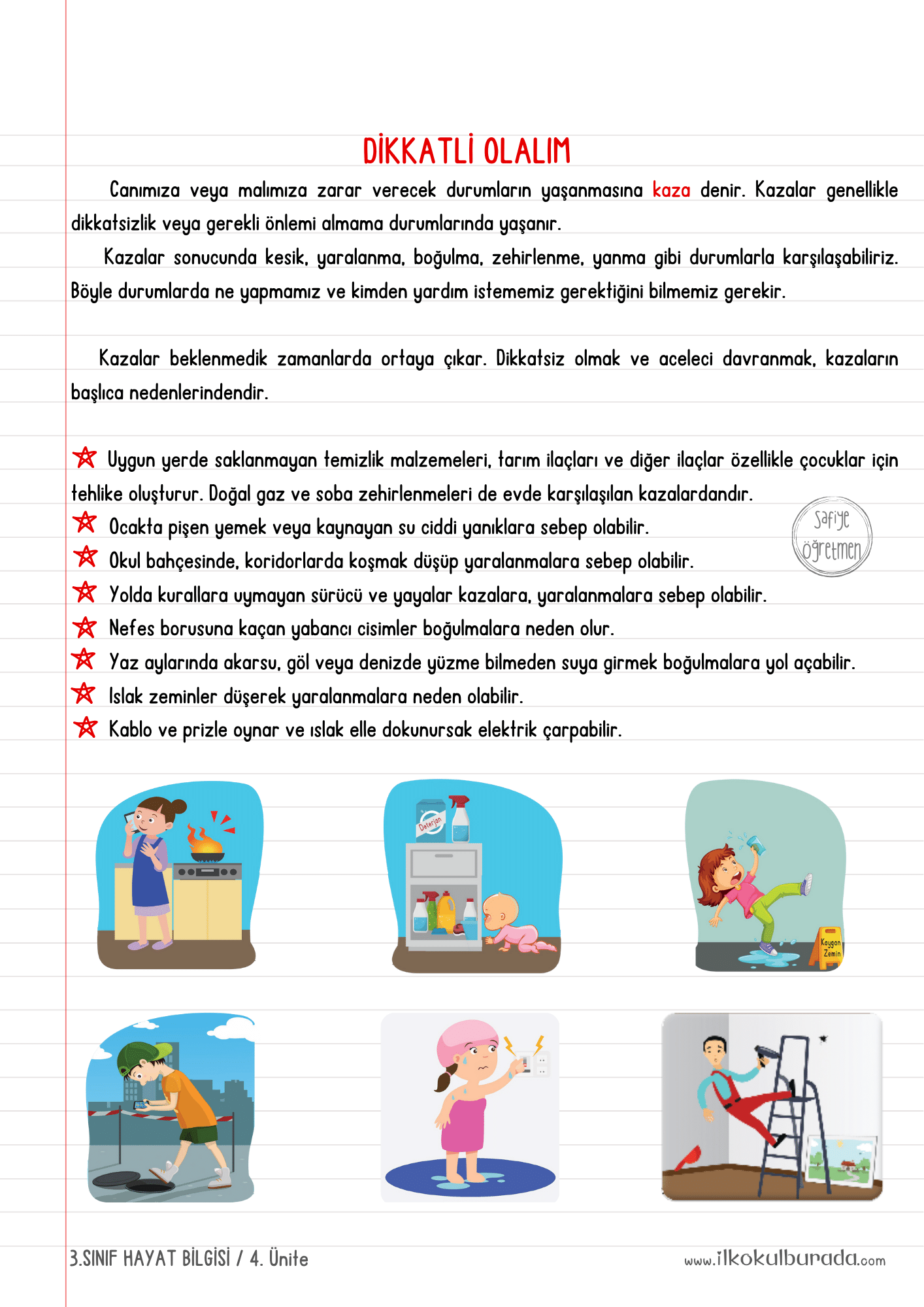3.Sınıf Hayat Bilgisi- Dikkatli Olalım Defter Notu