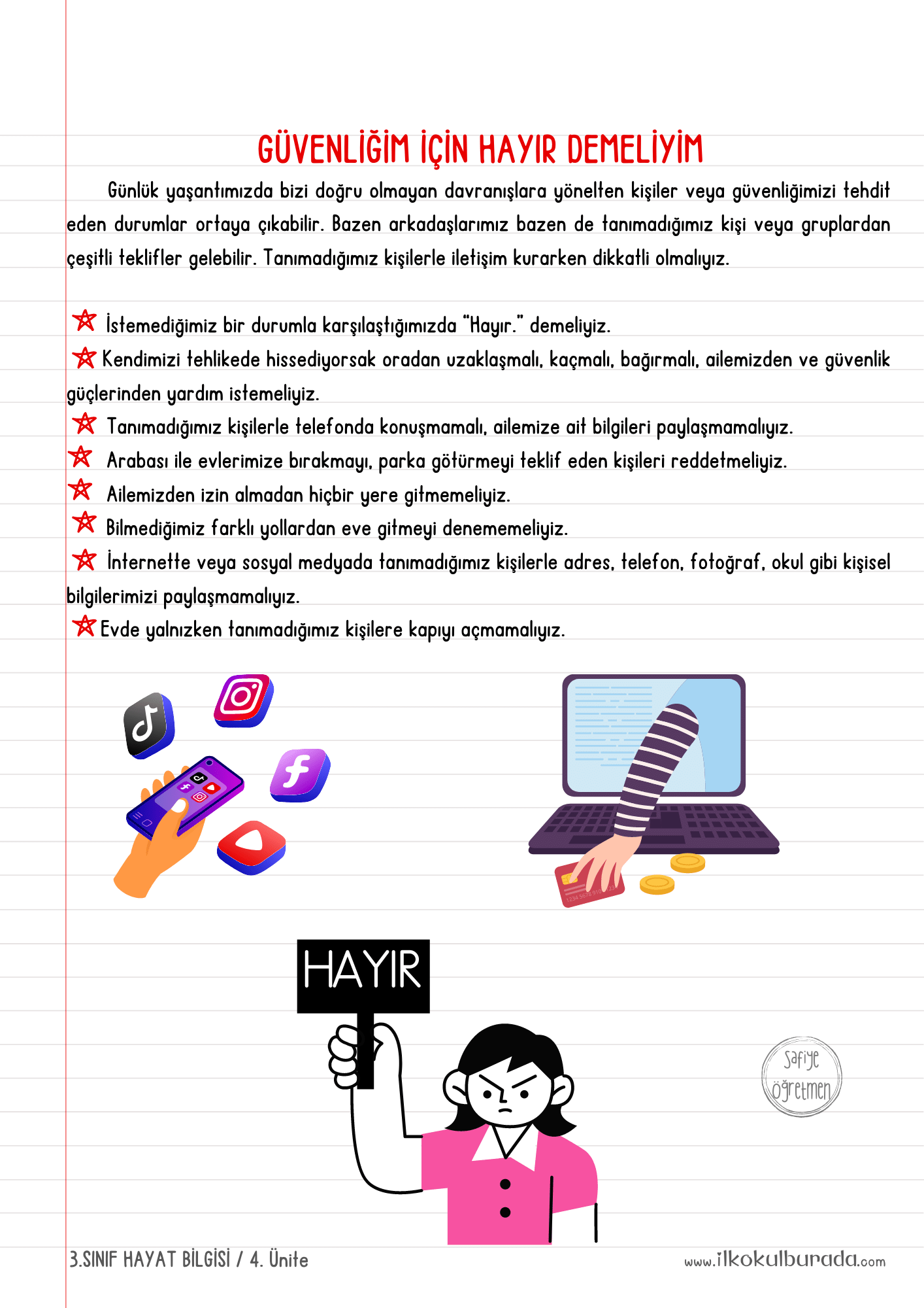 3.Sınıf Hayat Bilgisi- Güvenliğim İçin Hayır Demeliyim Defter Notu