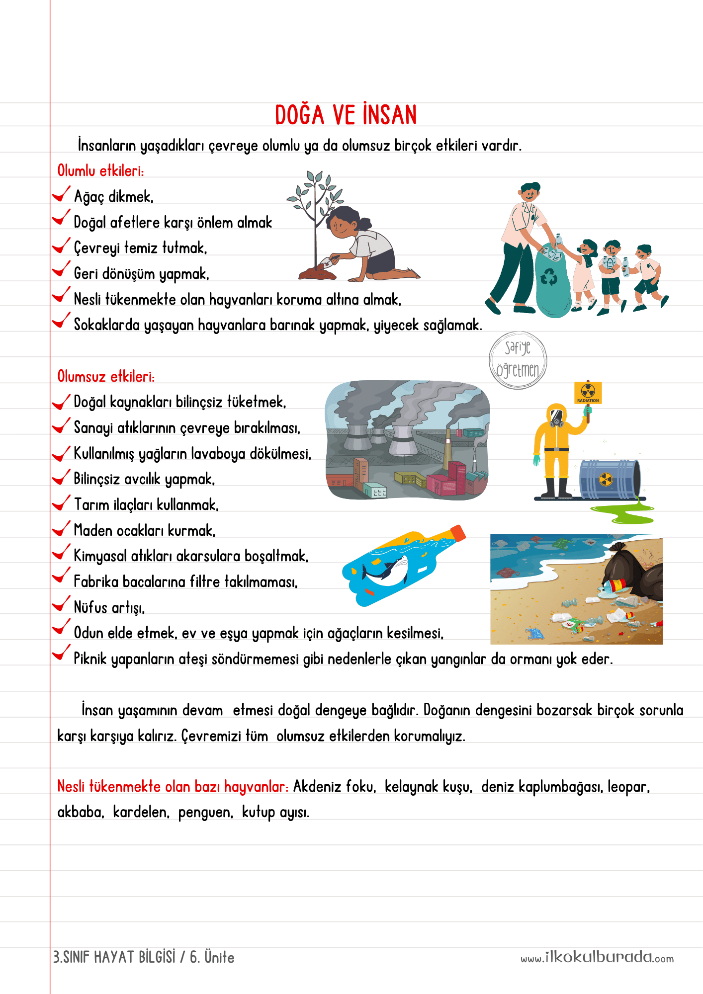 3.Sınıf Hayat Bilgisi- Doğa ve İnsan Defter Notu