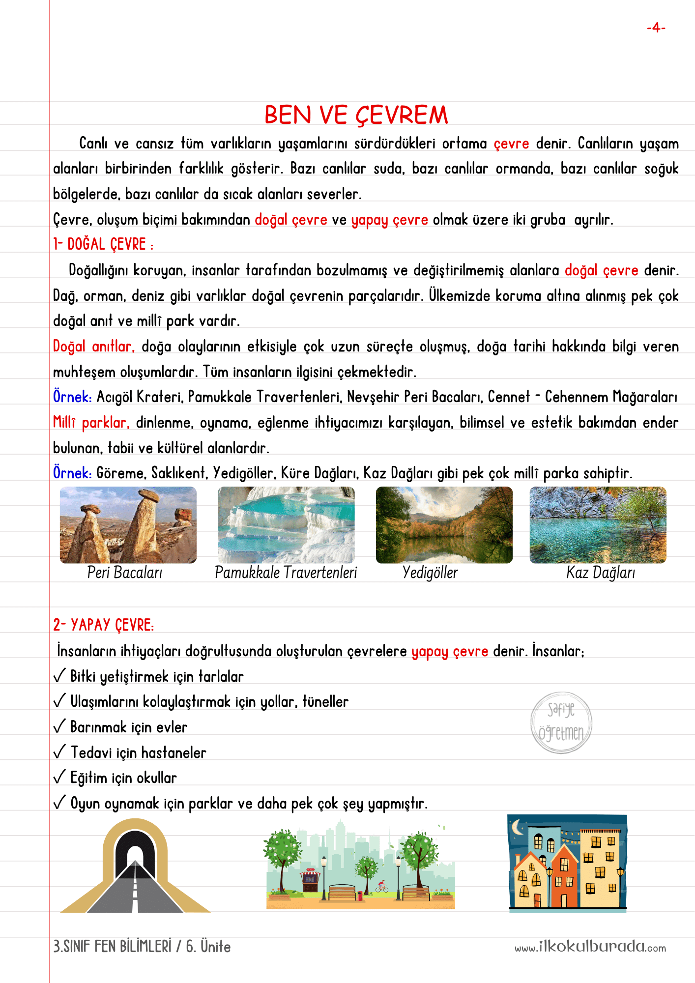 3.Sınıf Fen Bilimleri- Ben ve Çevrem Defter Notları