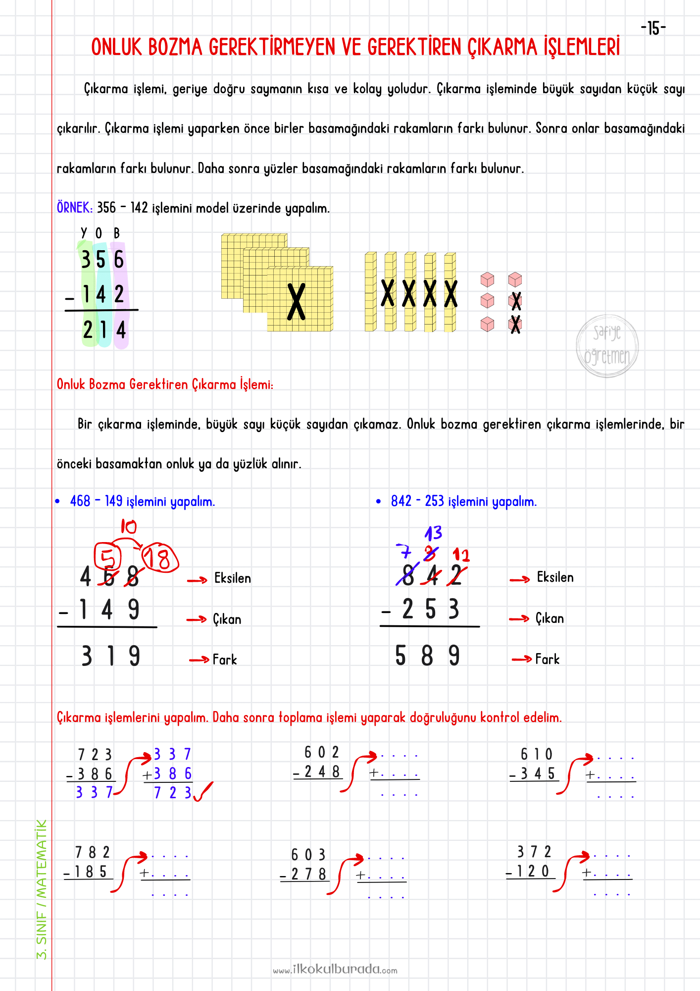 3.Sınıf Matematik - Onluk Bozma Gerektirmeyen ve Gerektiren Çıkarma İşlemleri