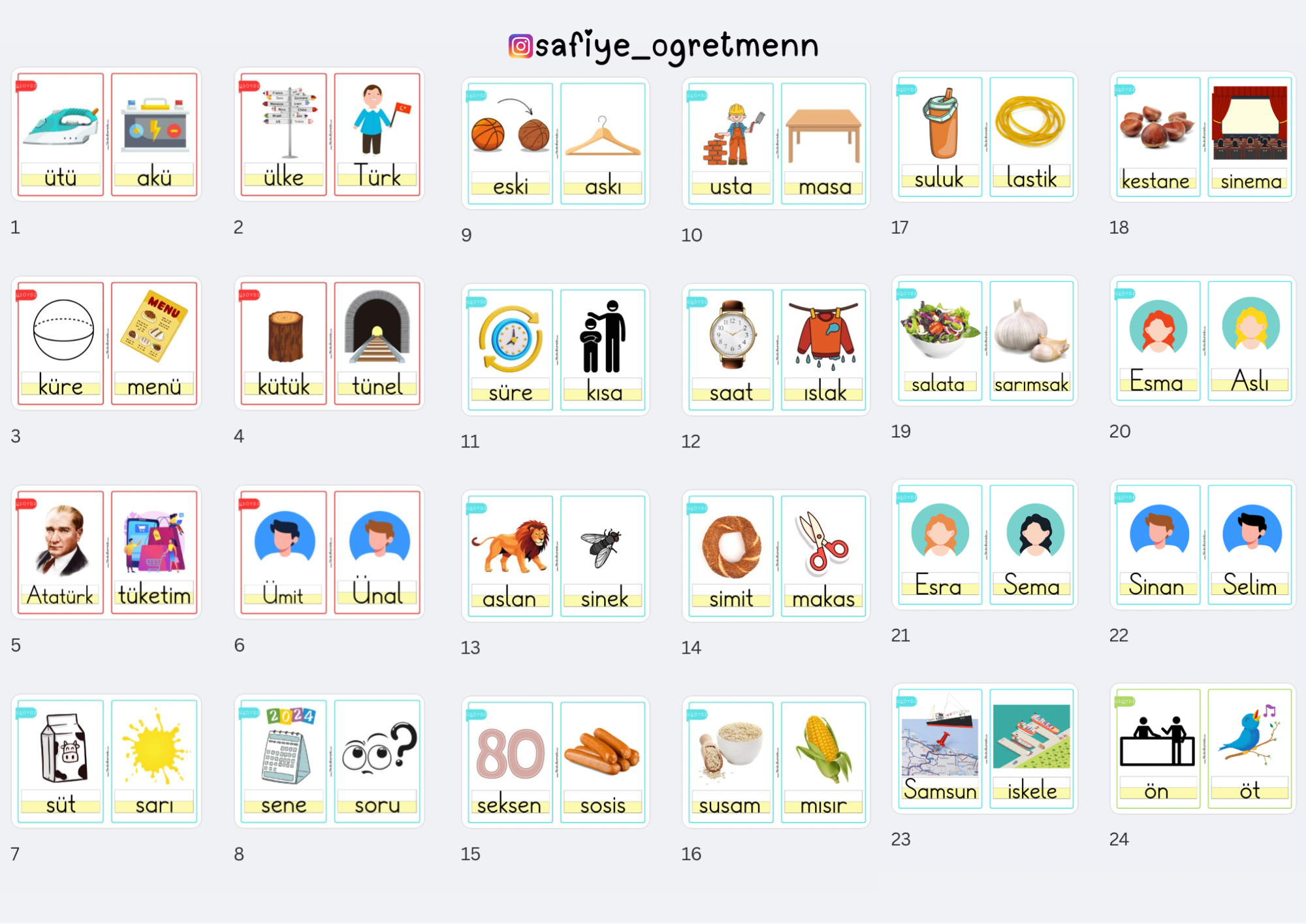 Ü, S, Ö, Y, D, Z Harf Grubu - Görselli Kelime Kartları (Yeni müfredat)