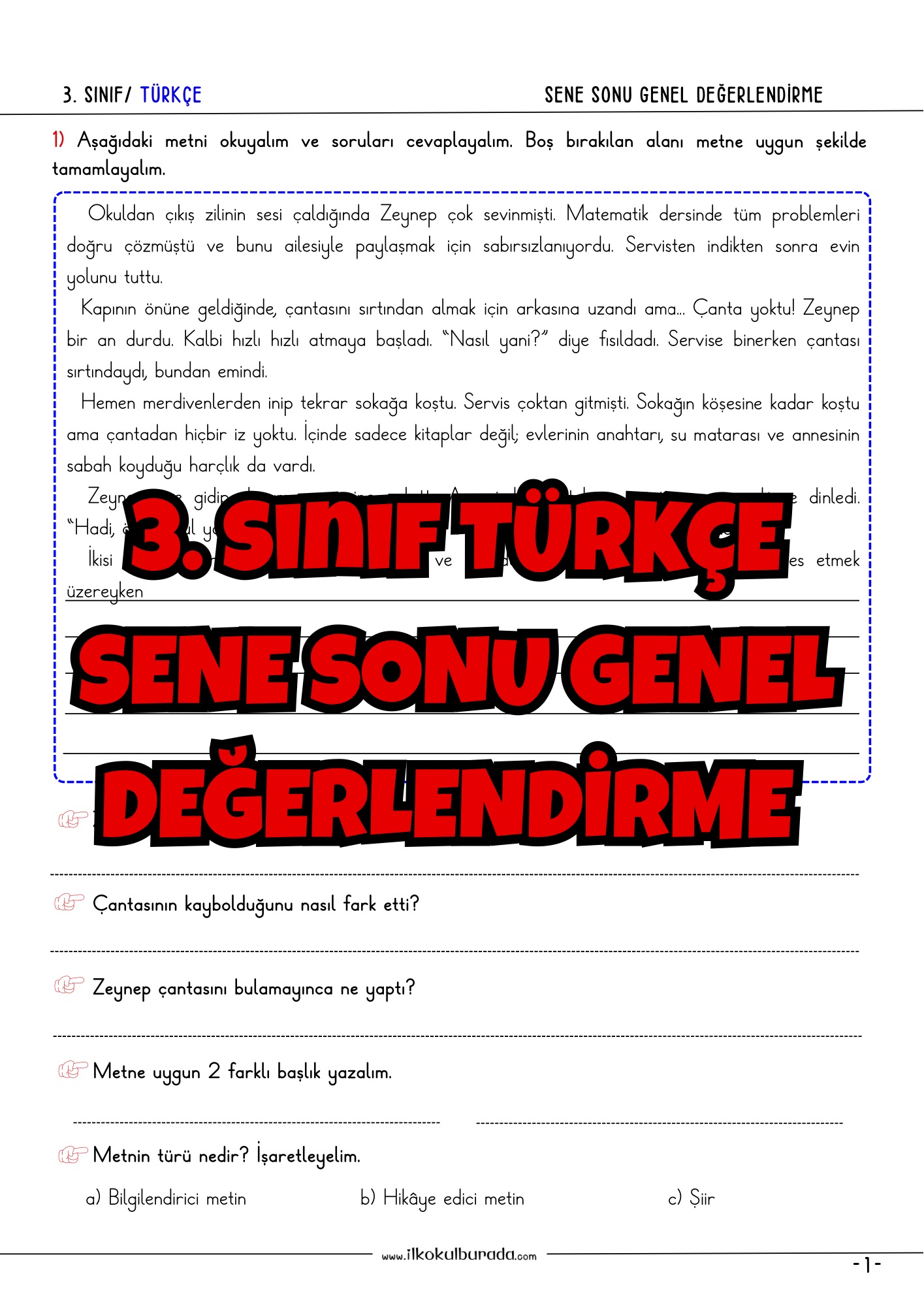 3. Sınıf Türkçe - Sene Sonu Genel Değerlendirme Soruları
