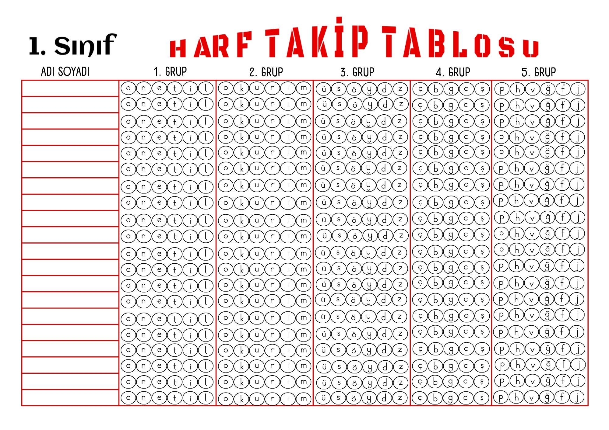 1. Sınıf Harf Takip Tablosu