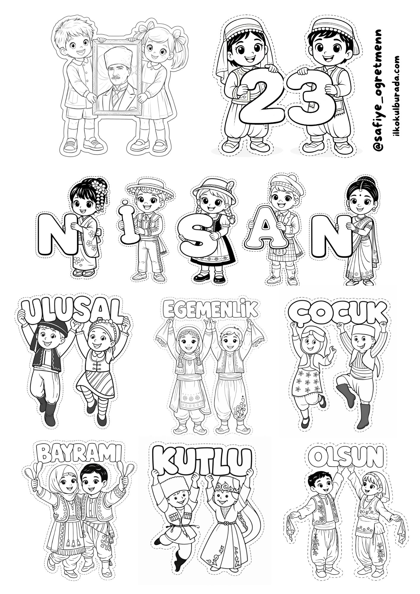 23 Nisan Yöresel Kıyafetli Türk ve Dünya Çocukları RENKSİZ- a4 ve Büyük Boy